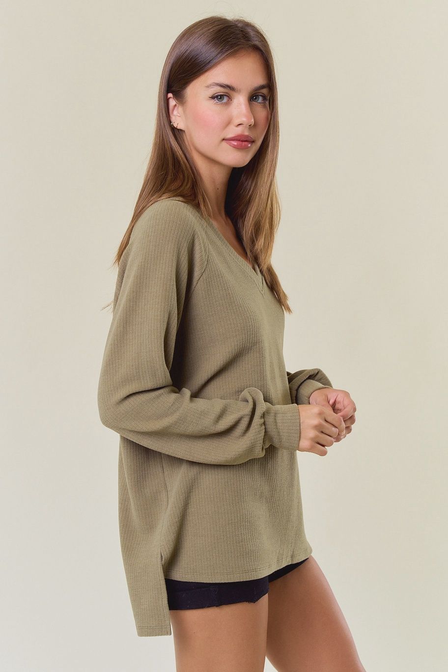 Brushed Rib Double V-Neck Raglan Long Sleeve Top/Olive