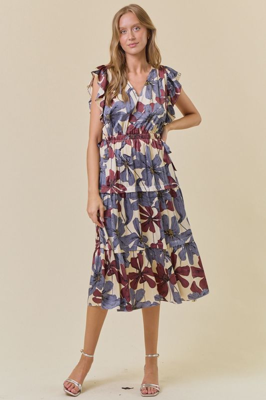 Floral Satin Ruffle Tiered Midi Dress