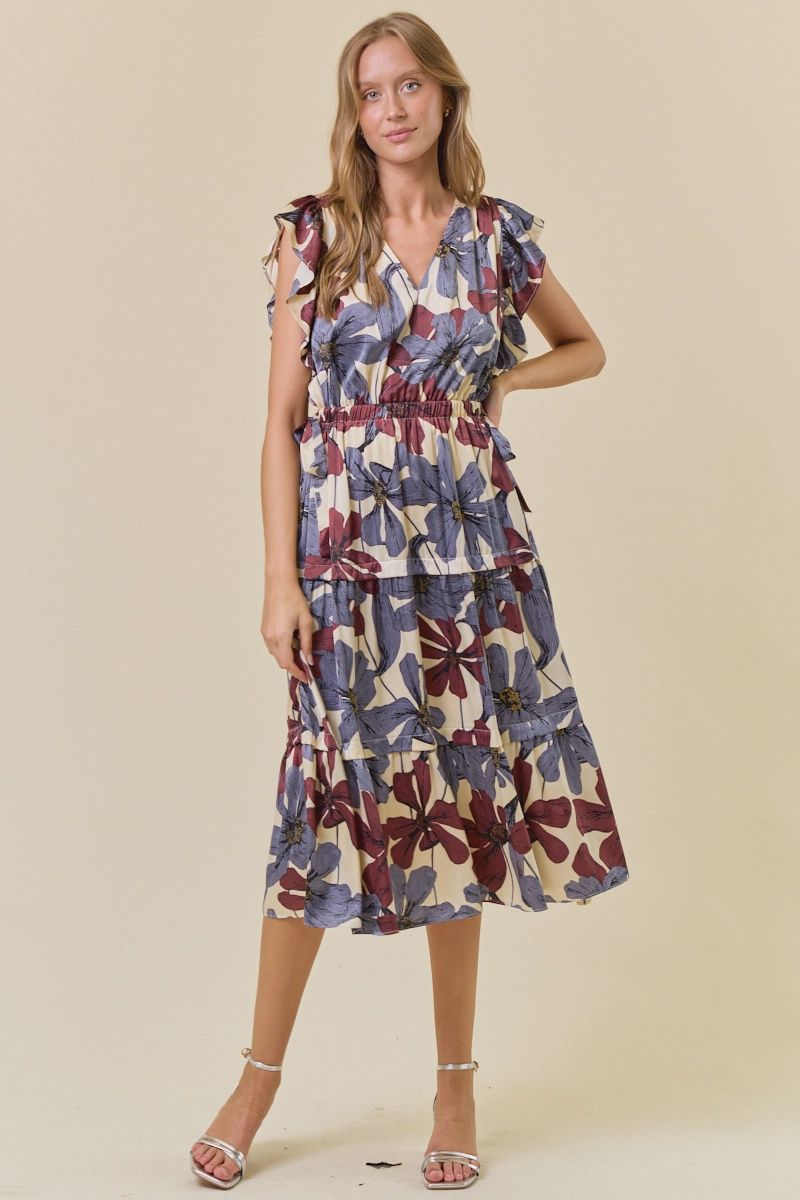 Floral Satin Ruffle Tiered Midi Dress