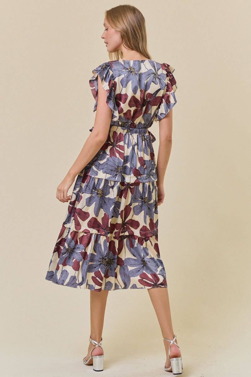 Floral Satin Ruffle Tiered Midi Dress