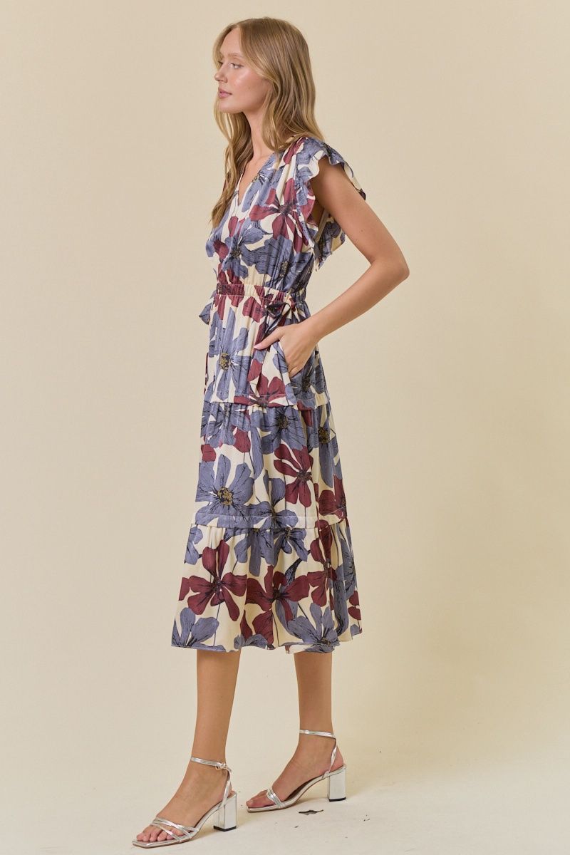 Floral Satin Ruffle Tiered Midi Dress