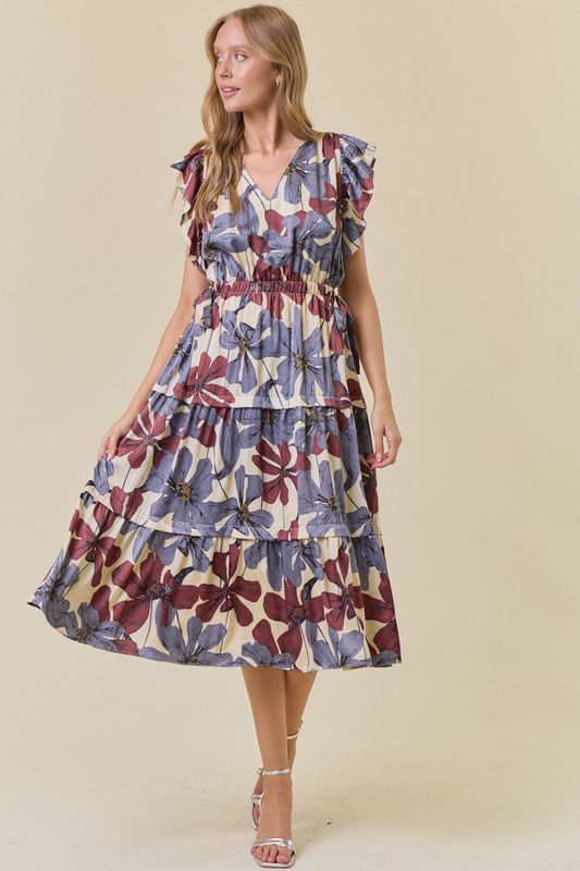 Floral Satin Ruffle Tiered Midi Dress