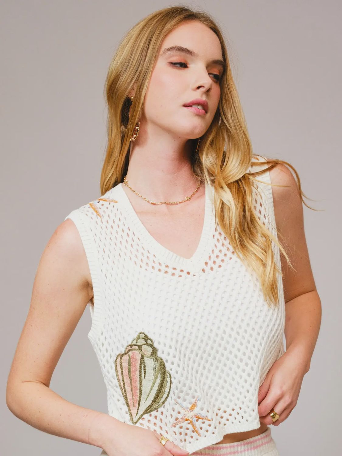Seashell Embroidered Sweater Crop Top