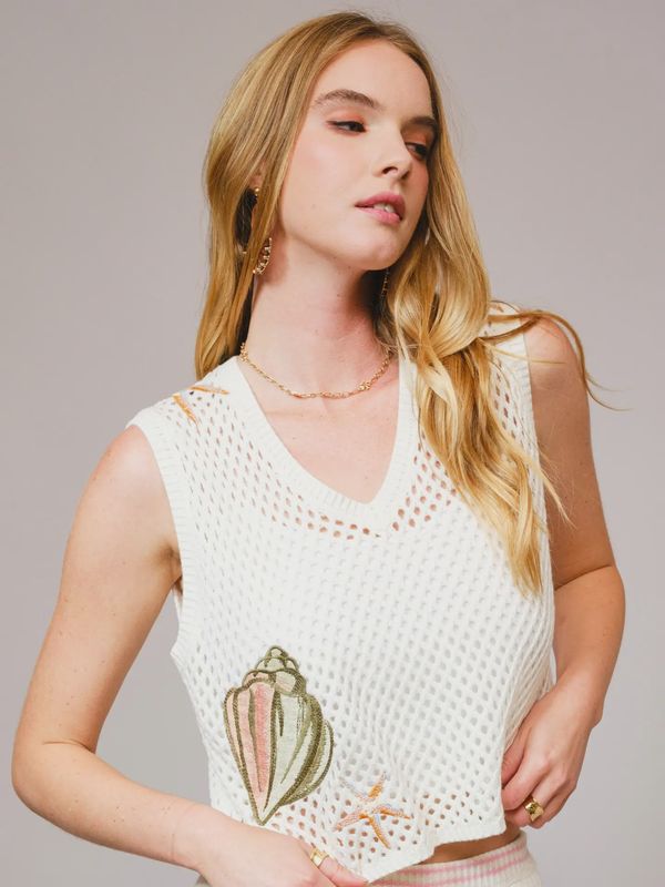 Seashell Embroidered Sweater Crop Top