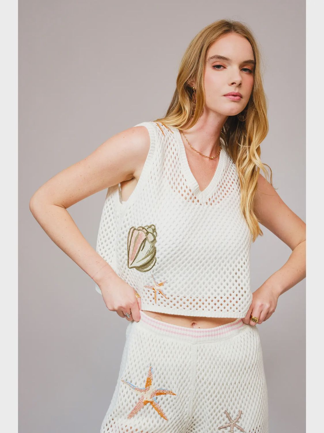 Seashell Embroidered Sweater Crop Top