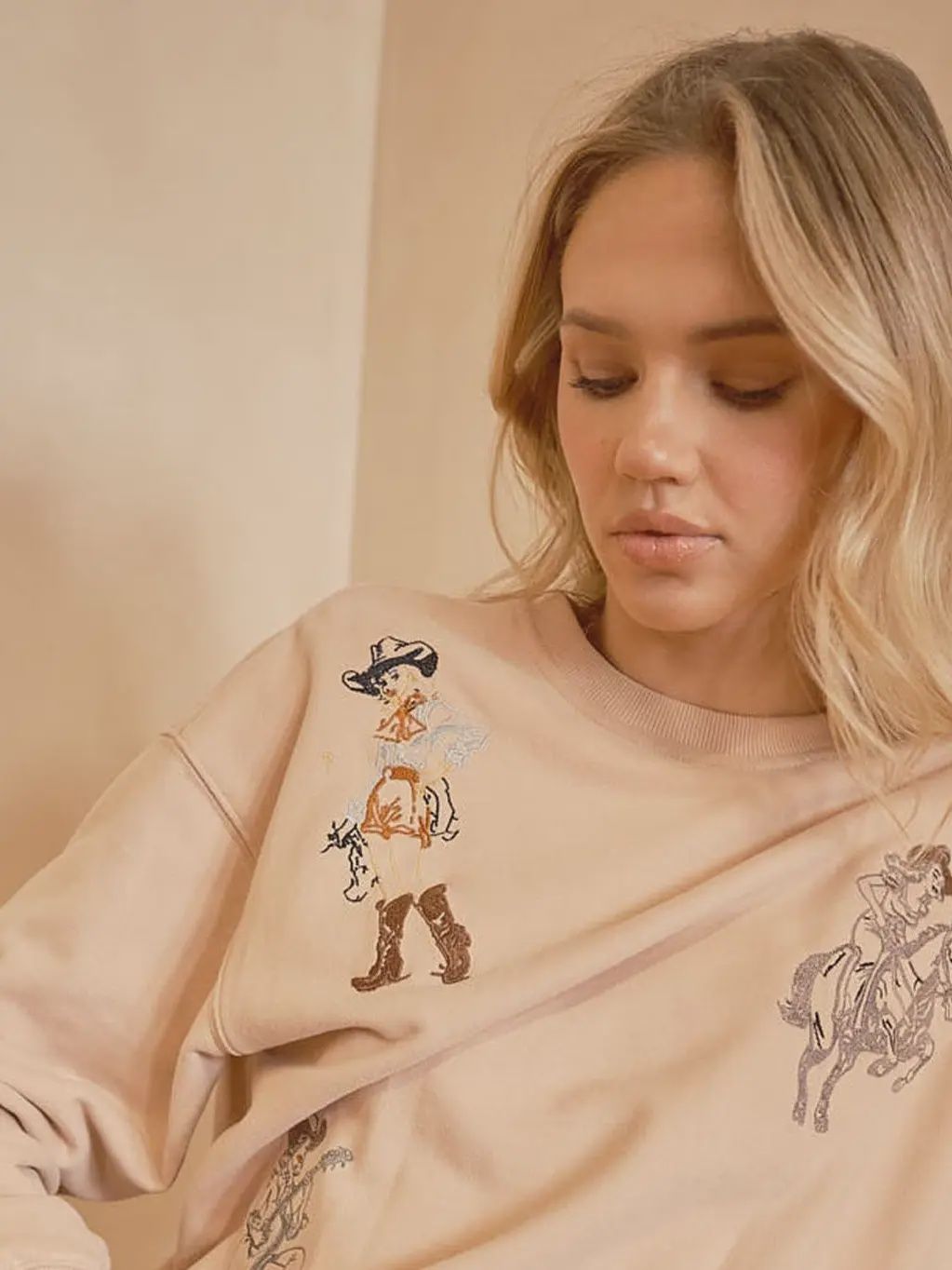 Western Motif Sweatshirt - Tan