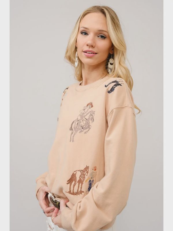 Western Motif Sweatshirt - Tan