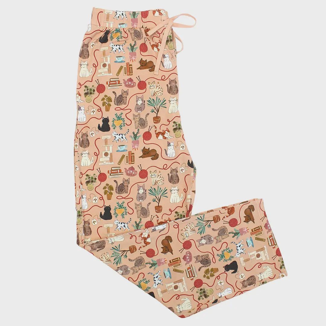 Cats Meow Pets Adult Bamboo Pajamas Unisex Sleep Pants, Color: Peach/Multi, Size: XS