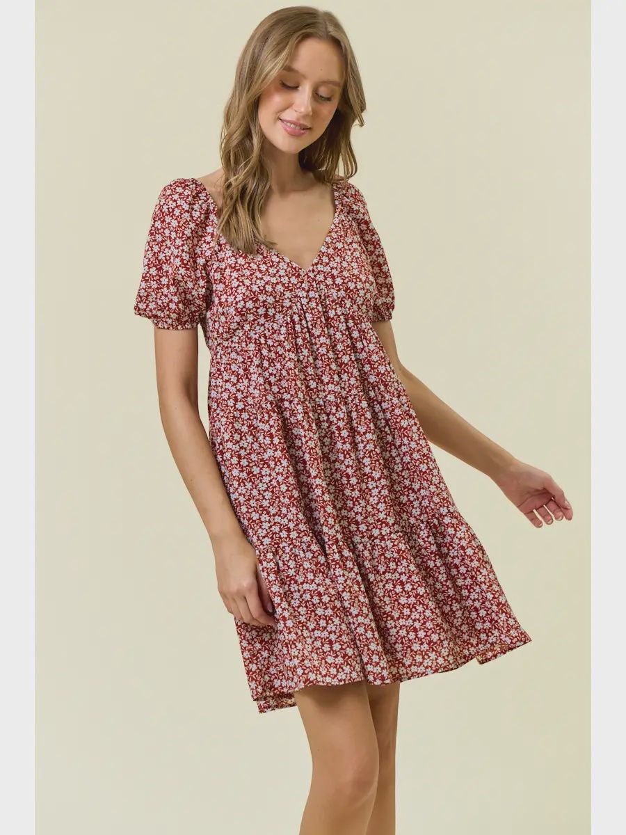 Floral Printed Tiered Mini Dress W/ Side Pockets