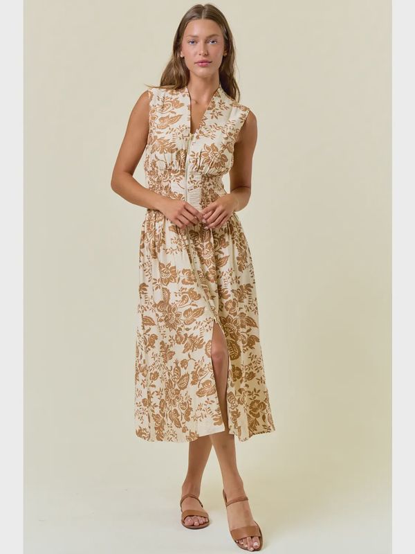 Paisley V-Neck Smocked Waist Zip Front Midi Dress