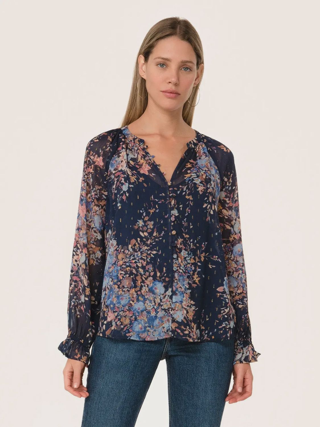 Lurex Floral Button Front Long Sleeve Blouse