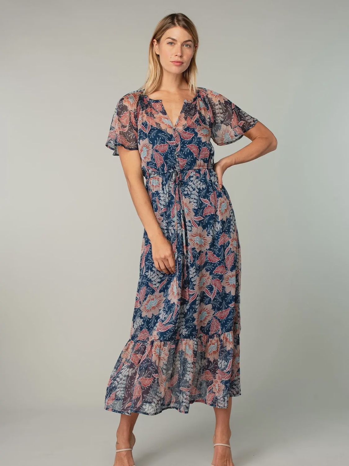 Floral Chiffon Flutter Sleeve Tiered Maxi Dress