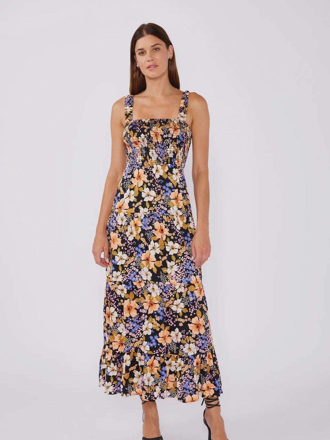 Floral Satin Smocked Tiered Maxi Dress