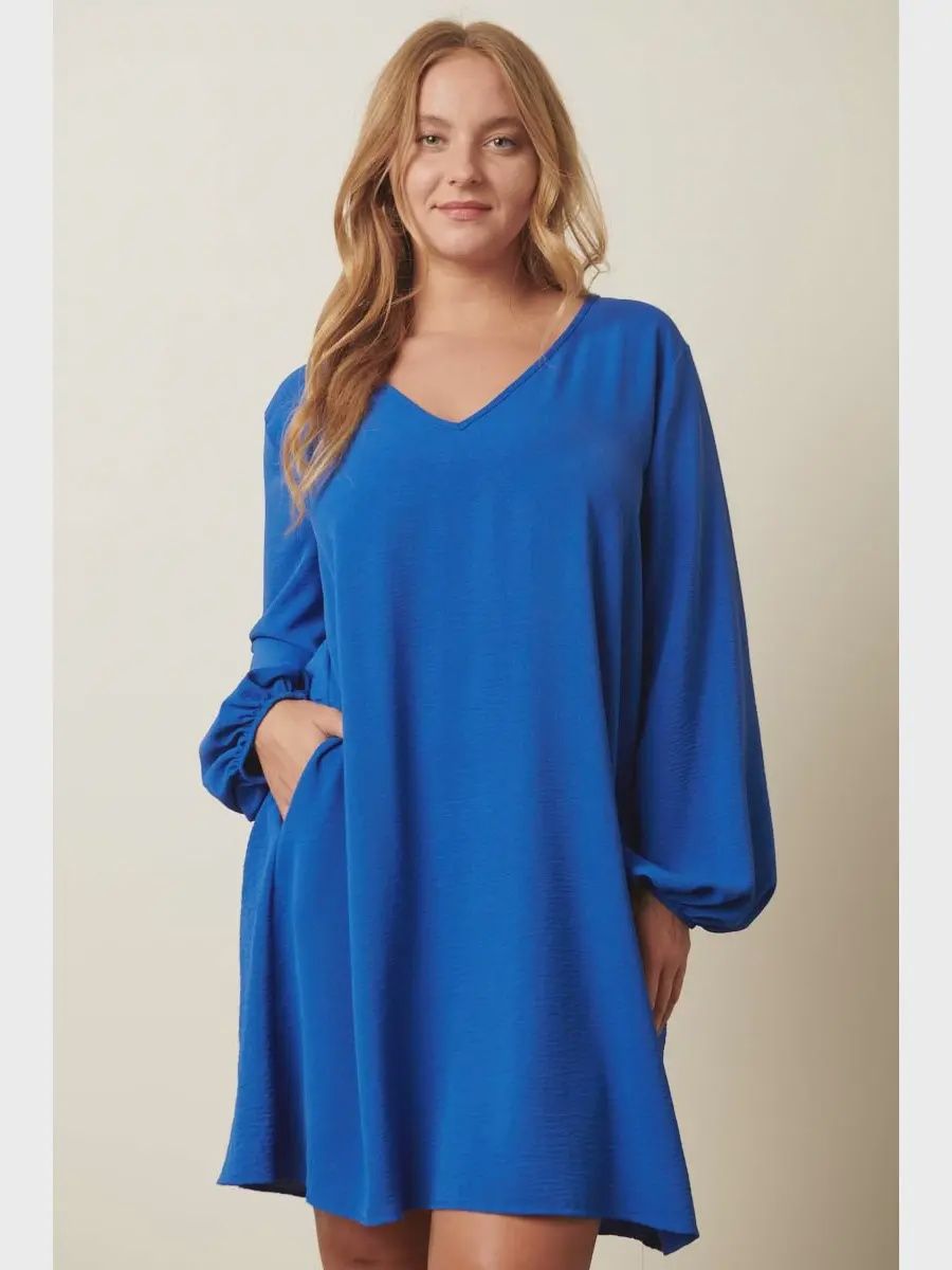 Plus Airflow V Neck Balloon Long Sleeve Mini Dress