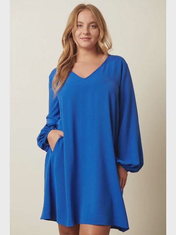 Plus Airflow V Neck Balloon Long Sleeve Mini Dress
