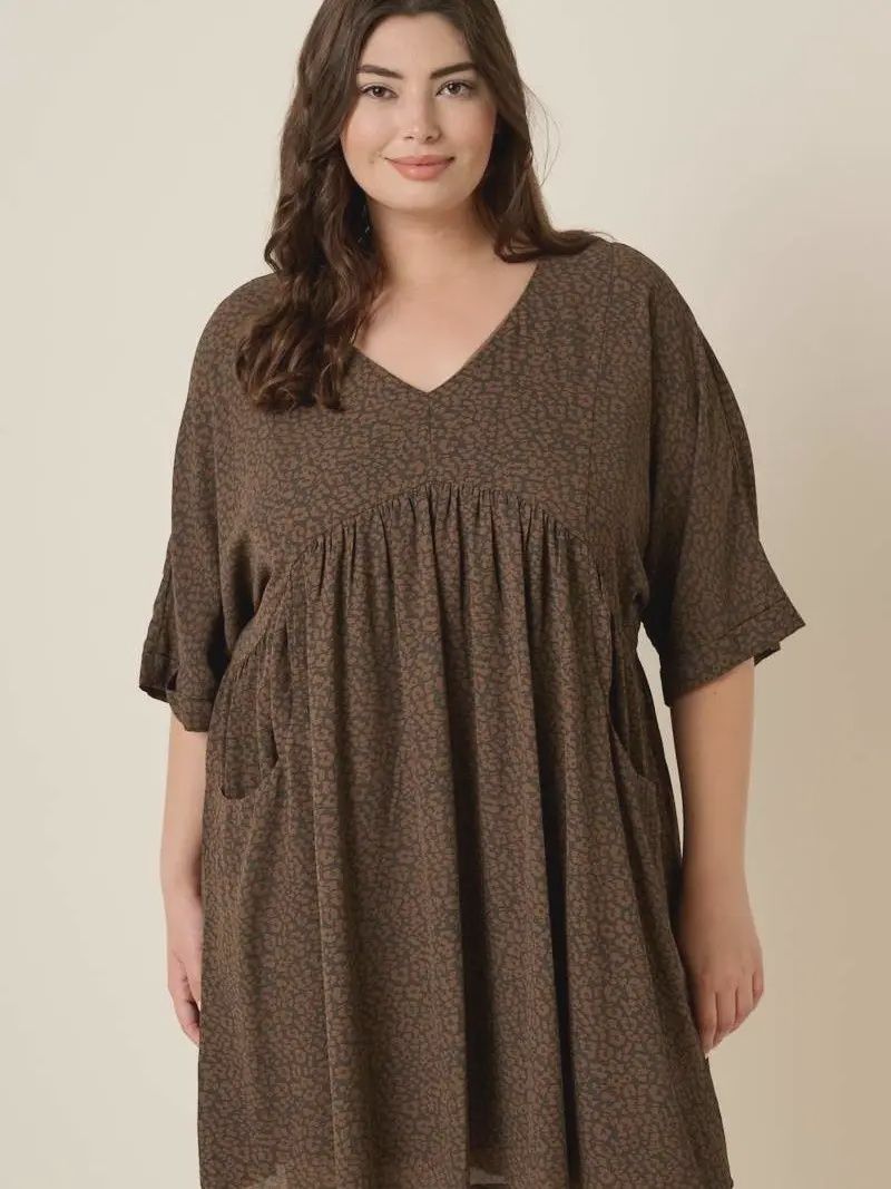 Plus Leopard Print Babydoll Mini Dress, Color: Blush, Size: XL