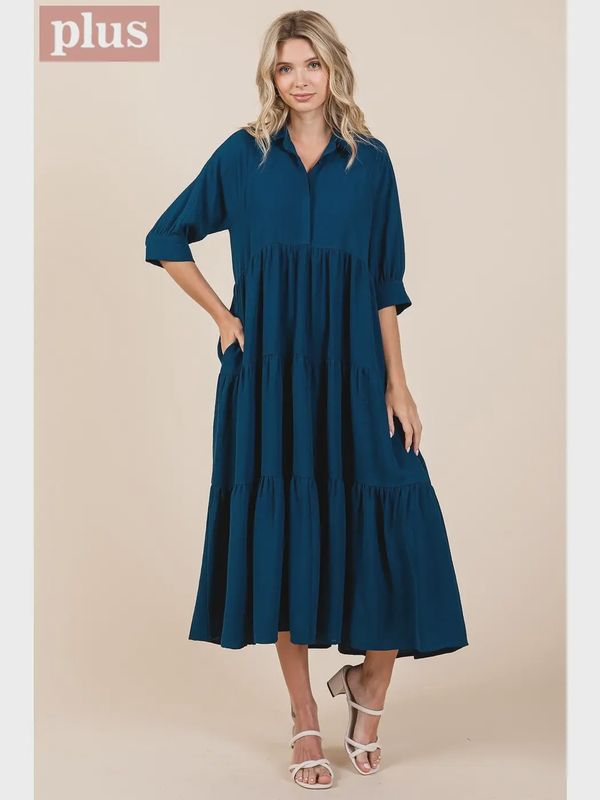 Plus Airflow Collar Button Front Tiered Maxi Dress