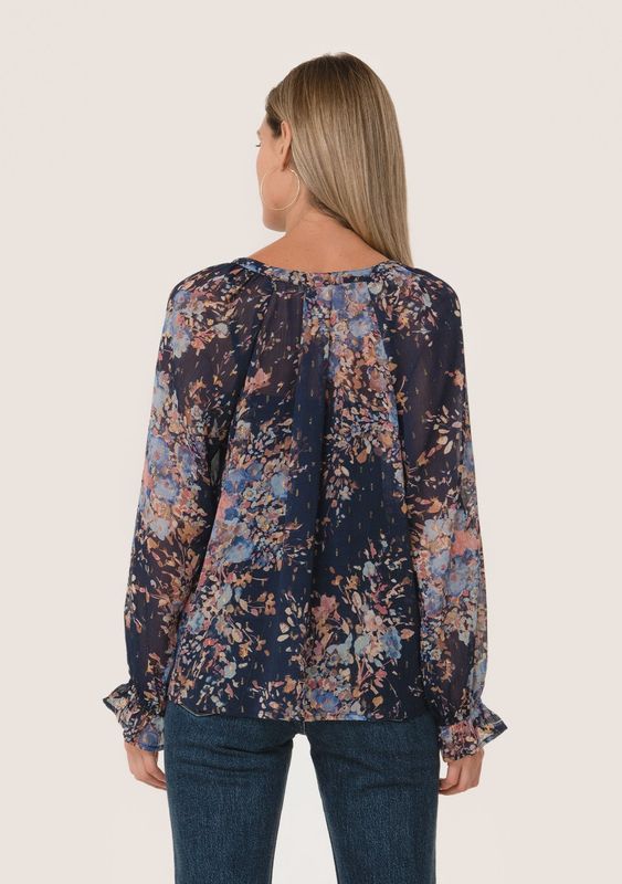 Lurex Floral Button Front Long Sleeve Blouse