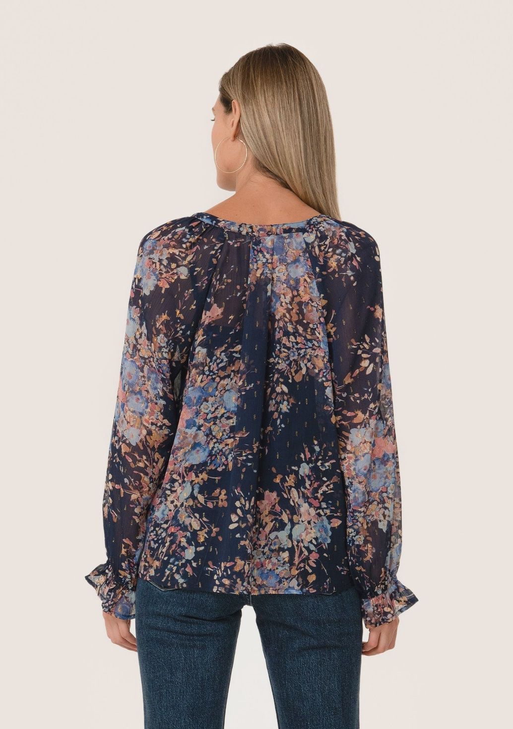 Lurex Floral Button Front Long Sleeve Blouse
