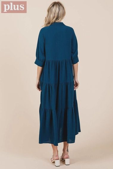 Plus Airflow Collar Button Front Tiered Maxi Dress
