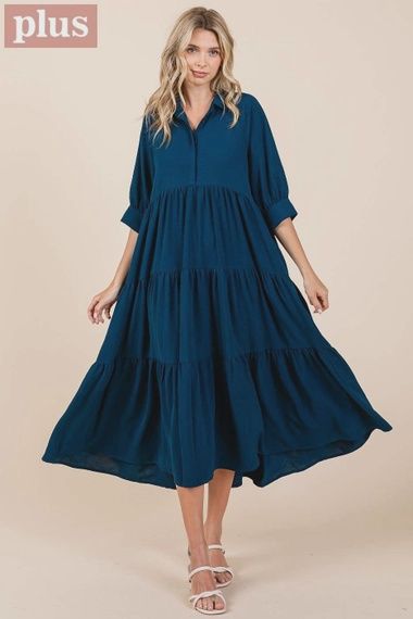 Plus Airflow Collar Button Front Tiered Maxi Dress