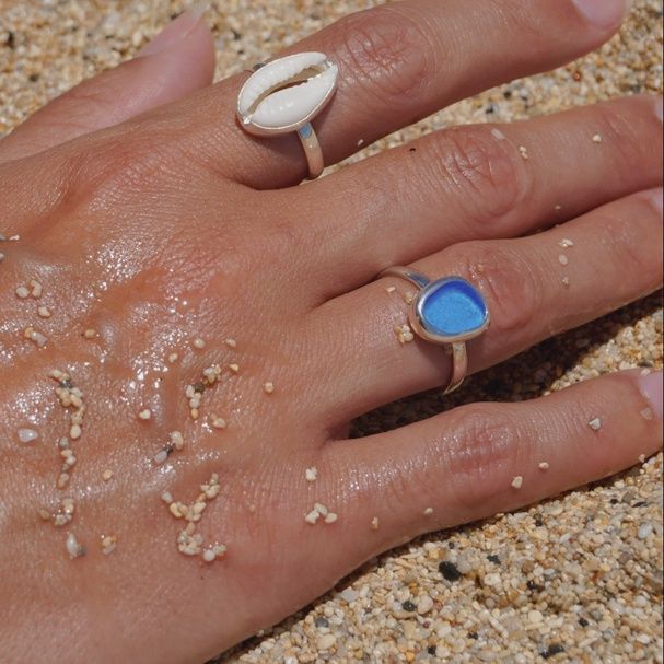 Blue Sea Glass Ring (Handmade)