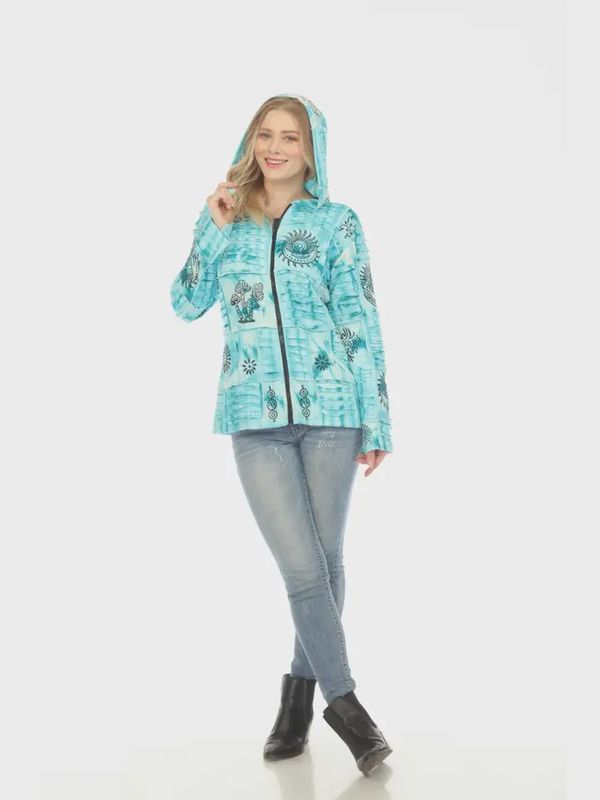 Cotton Razor Cut Multi Block Turquoise Zip Hood Jacket D930