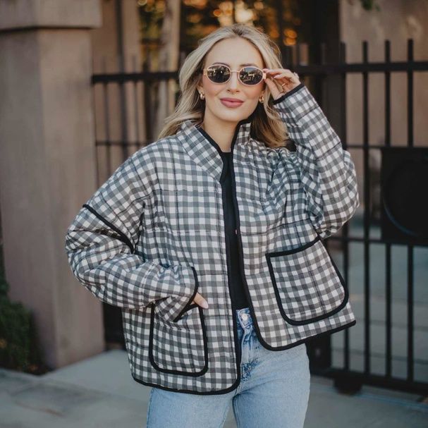 Black &amp; White Checkered Quilted Jacket