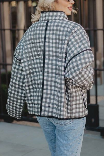 Black &amp; White Checkered Quilted Jacket