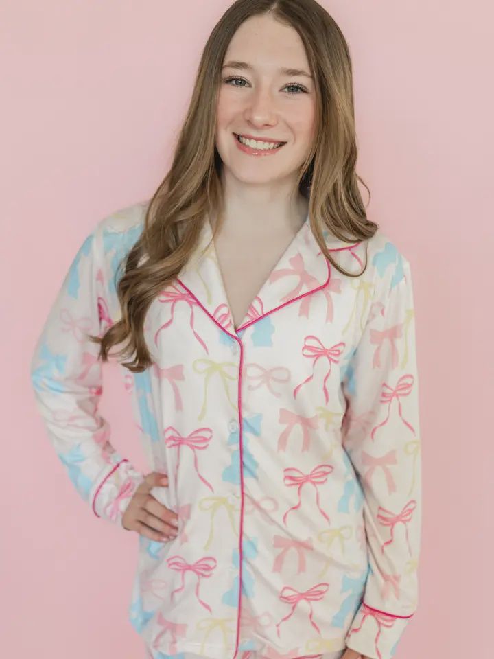 Pink Pastel Bows Long Sleeve Loungewear Pajama Set