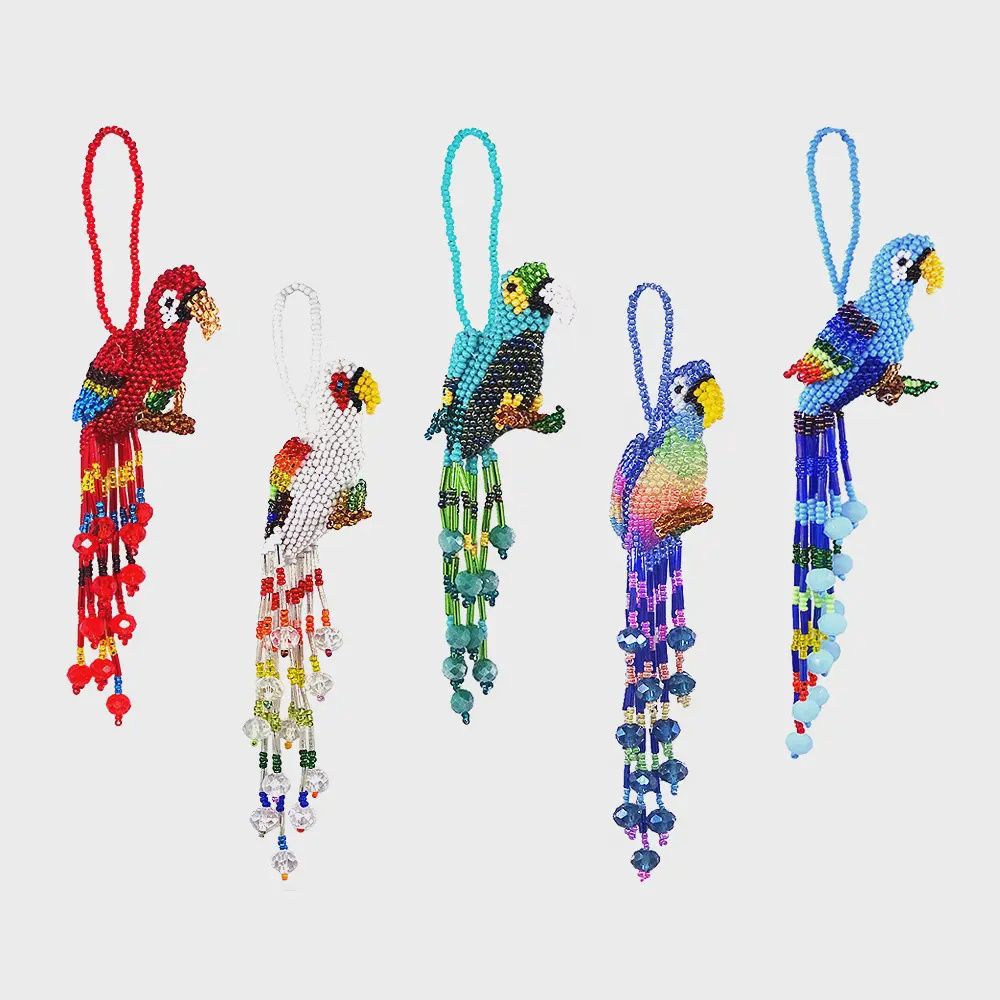 Beaded Parrot Figurine Seed Bead Fringe Dangle Ornament