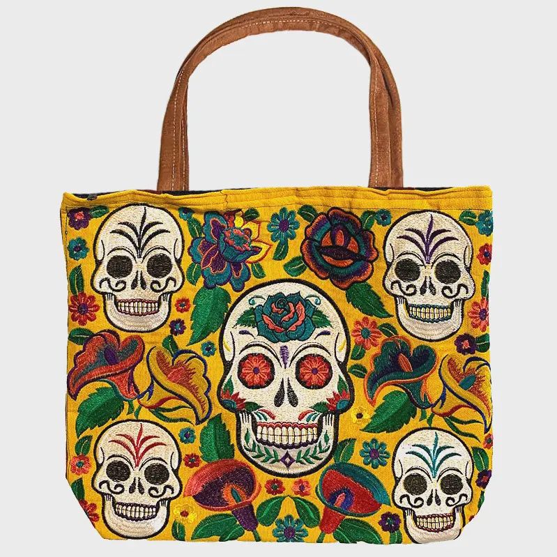 Embroidered Floral Sugar Skull Large Suede Purse Tote Bag