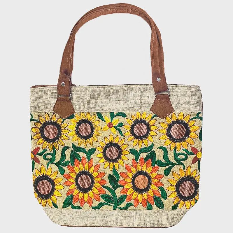Embroidered Floral Sunflower Burlap Suede Purse Tote Bag