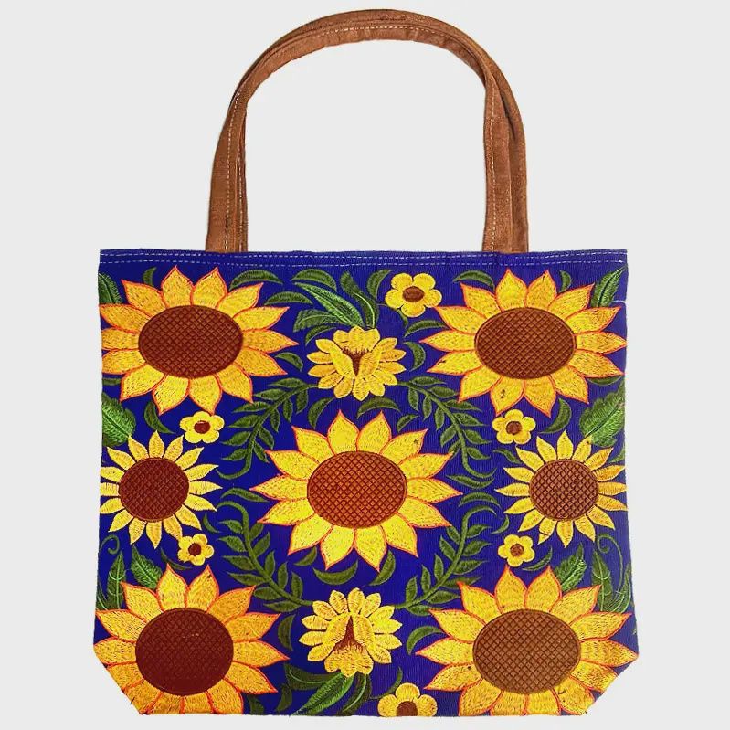 Embroidered Floral Sunflower Large Suede Purse Tote Bag