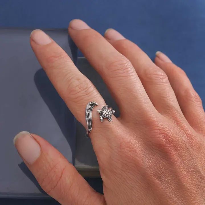 Sterling Silver Sea Turtle &amp; Wave Adjustable Ring