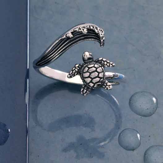 Sterling Silver Sea Turtle &amp; Wave Adjustable Ring