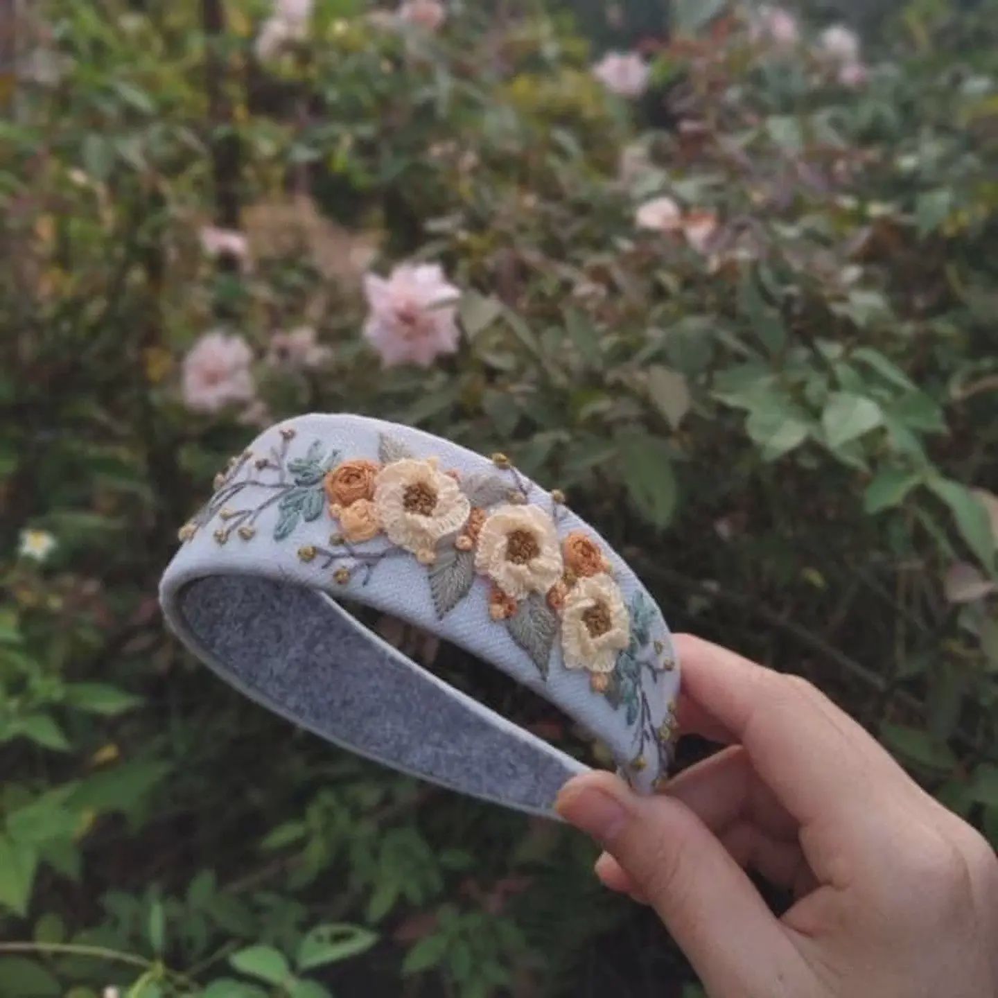 Light Blue Wide Headband with Yellow Flower Embroidery