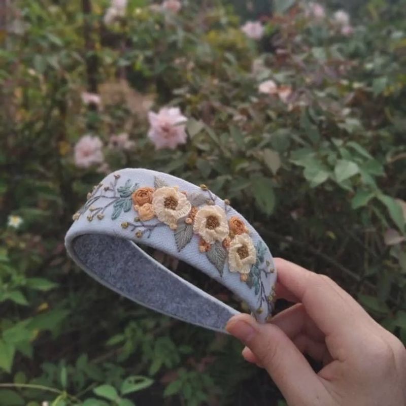 Light Blue Wide Headband with Yellow Flower Embroidery