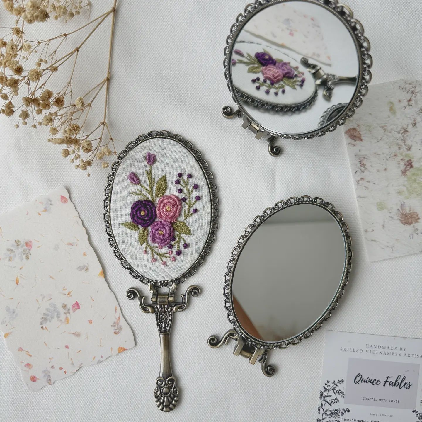 Floral Embroidered Oval Folding Mirror, Collection Luna