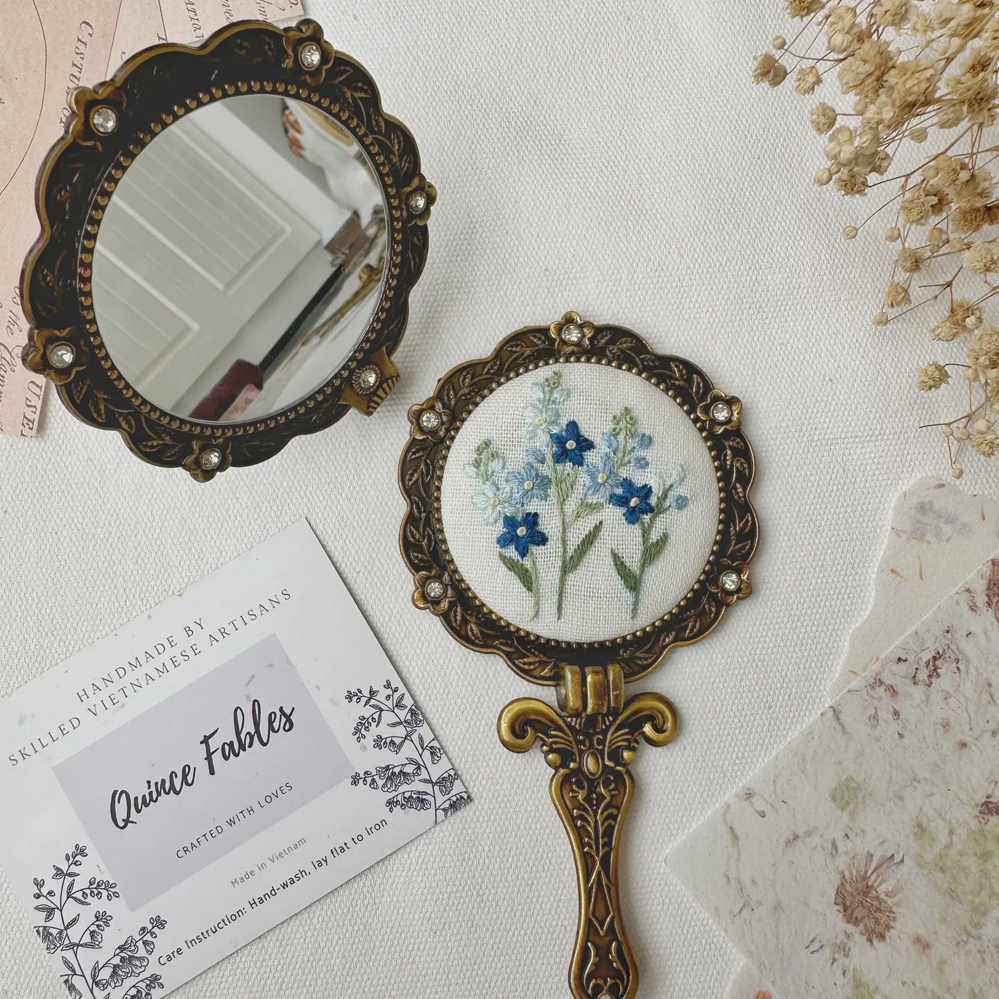 Floral Embroidered Round Folding Mirror, Collection Aura