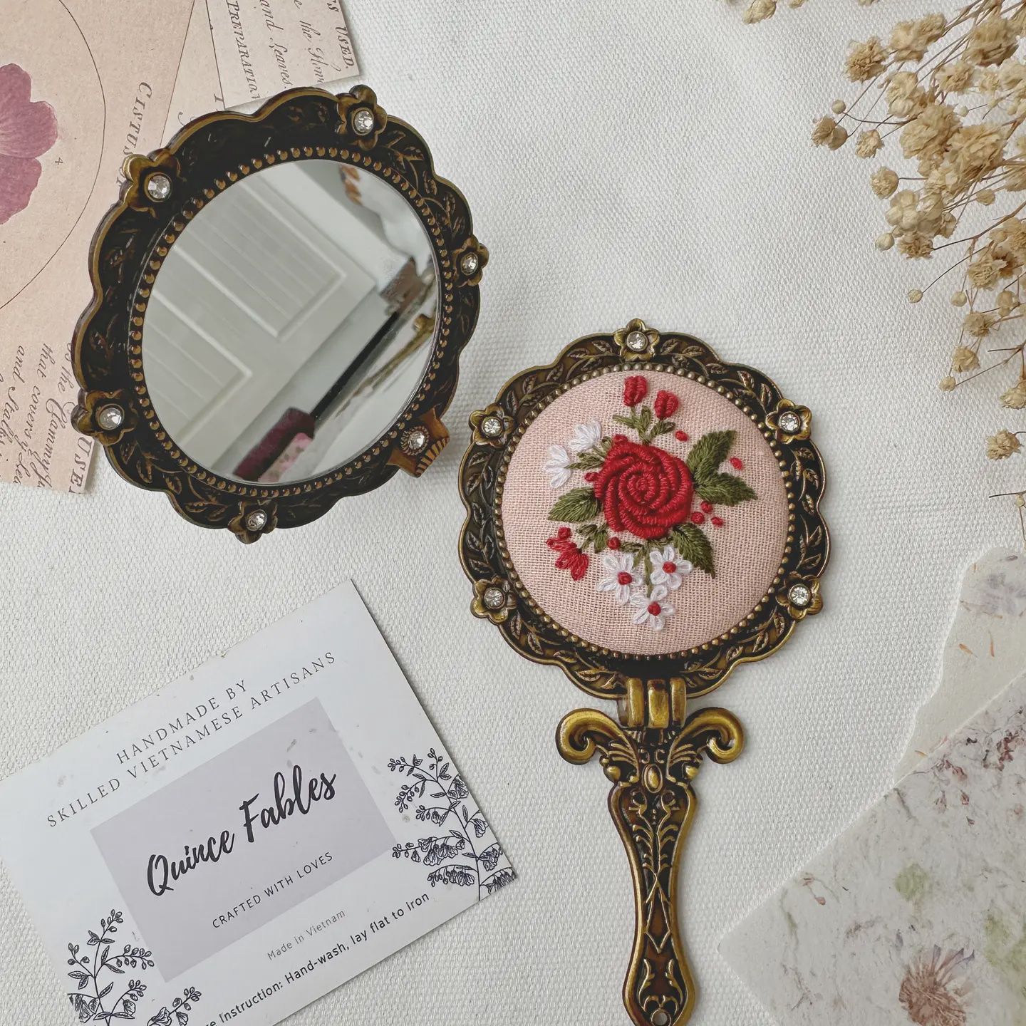 Floral Embroidered Round Folding Mirror, Collection Aura
