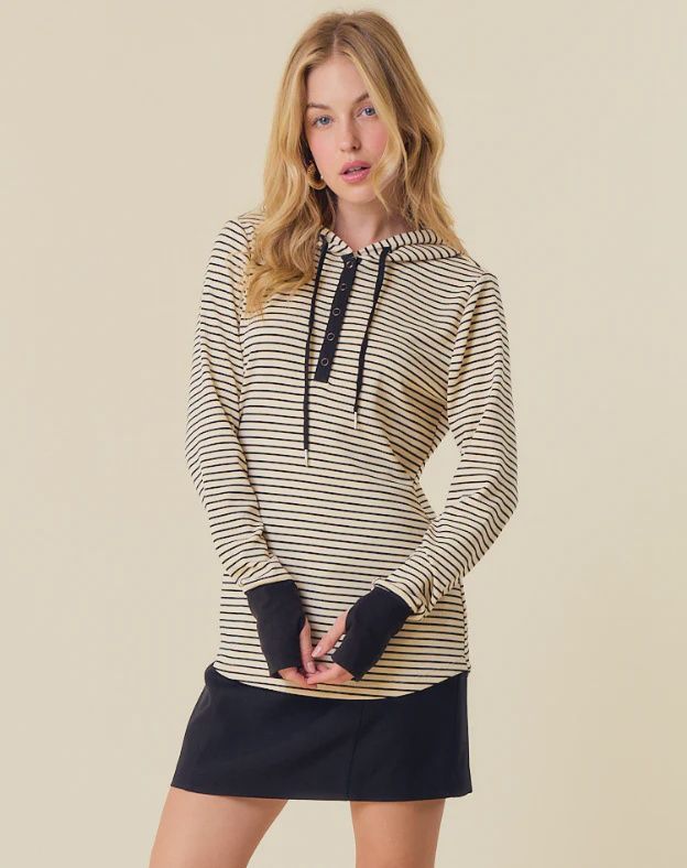 STRIPE LONG SLEEVE HENLEY HOOD TOP