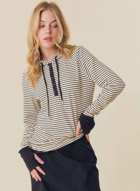STRIPE LONG SLEEVE HENLEY HOOD TOP