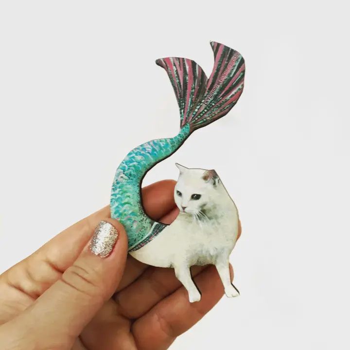 Pergamo Wood Magnet, Print Name: Mermaid Cat