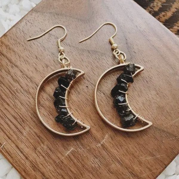 Celestial Moon Earrings - Onyx, Material: Gold 14K