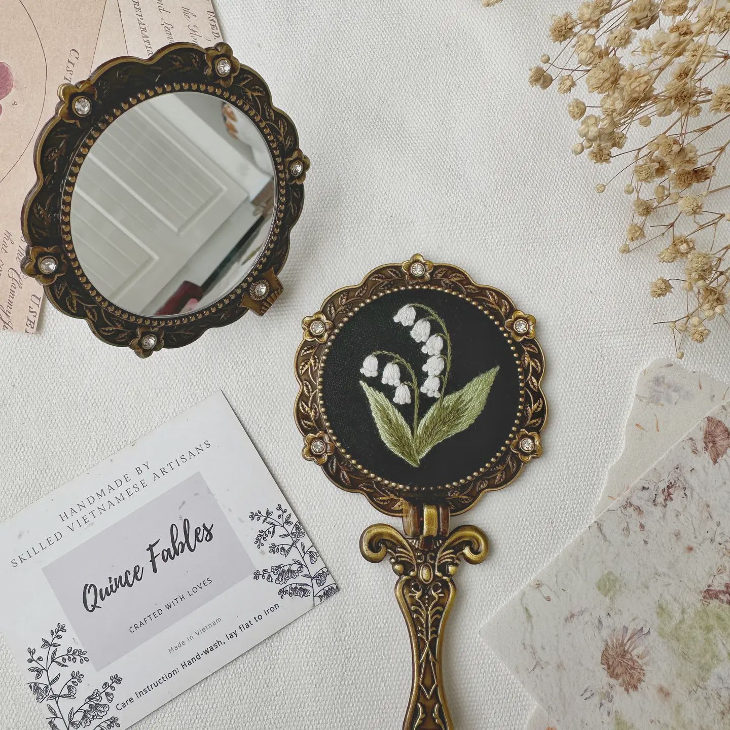 Floral Embroidered Round Folding Mirror, Collection Aura, Color: 1.Black