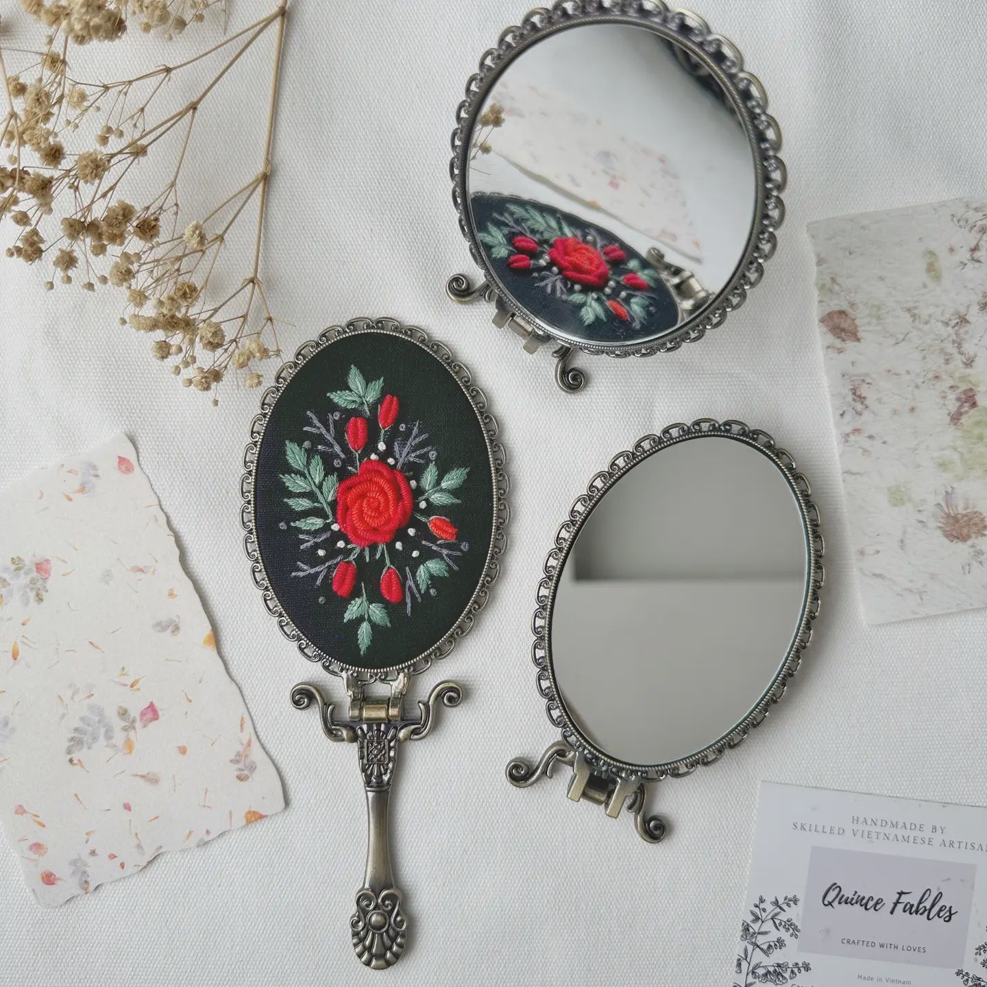 Floral Embroidered Oval Folding Mirror, Collection Luna, Color: 1. Black