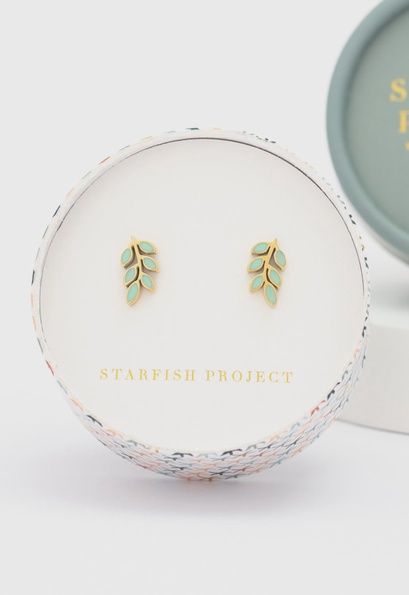 Rowen Leaf Stud Earrings- Gold Plated Leaf Design Studs Mint Green Stud Earrings