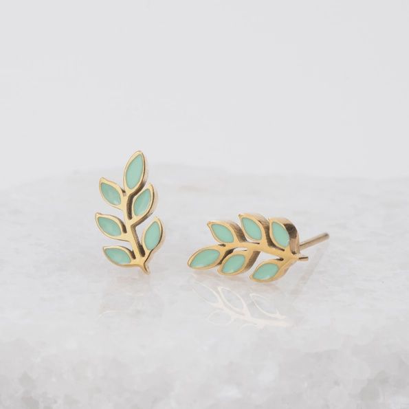 Rowen Leaf Stud Earrings- Gold Plated Leaf Design Studs Mint Green Stud Earrings