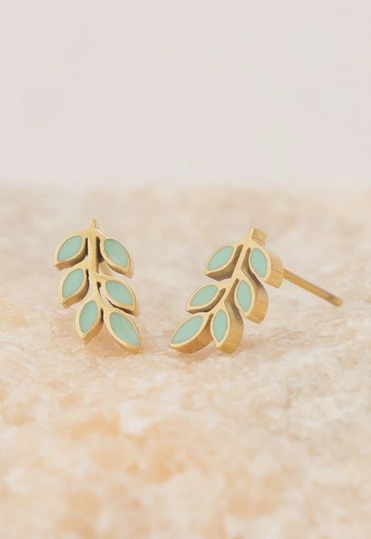 Rowen Leaf Stud Earrings- Gold Plated Leaf Design Studs Mint Green Stud Earrings